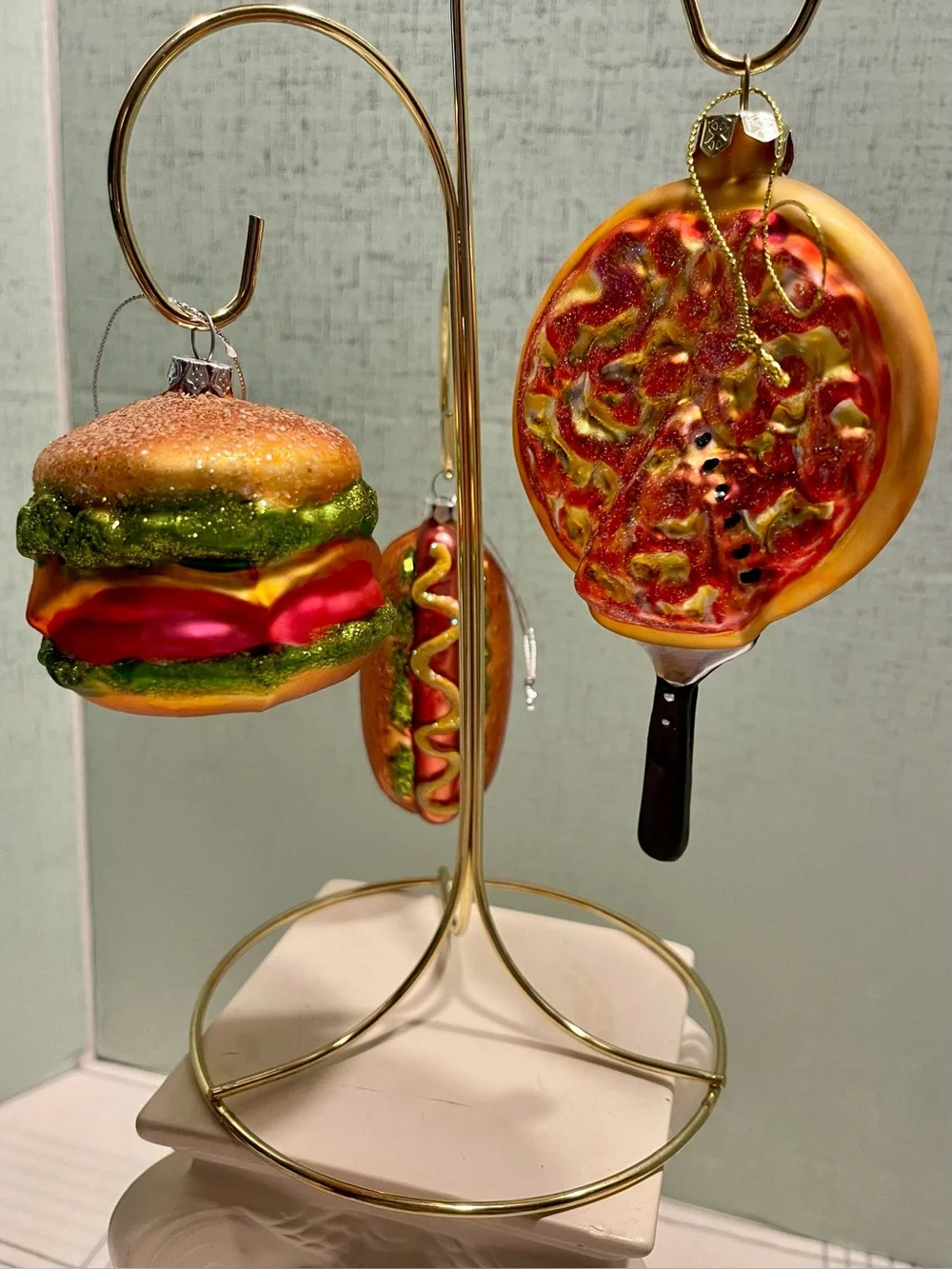 HANDMADE GLASS Food Ornament Set — Burger, Hot Dog & Pizza